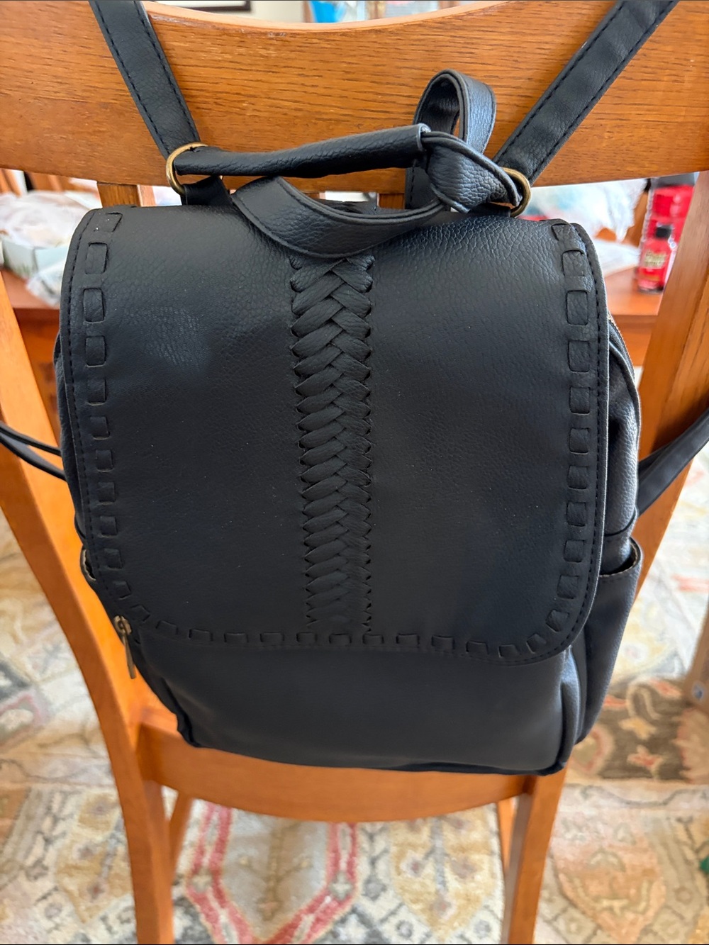 Classic Black Faux Leather Women's Backpack with Woven Flap